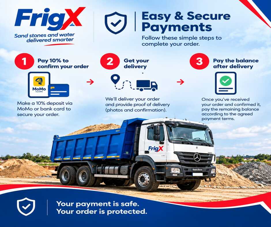 Loaded Frigx tipper truck, three-quarter front view, number plate readable, driver by the cab